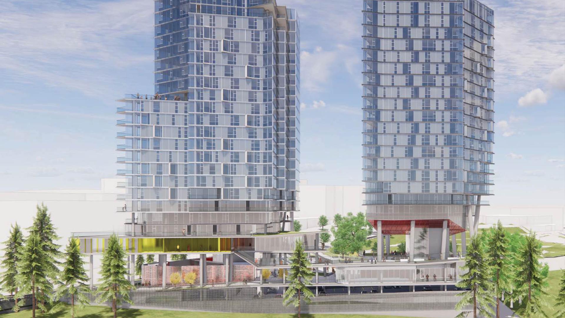 Artists rendering of Yesler Towers with modern glass buildings and bustling common areas.