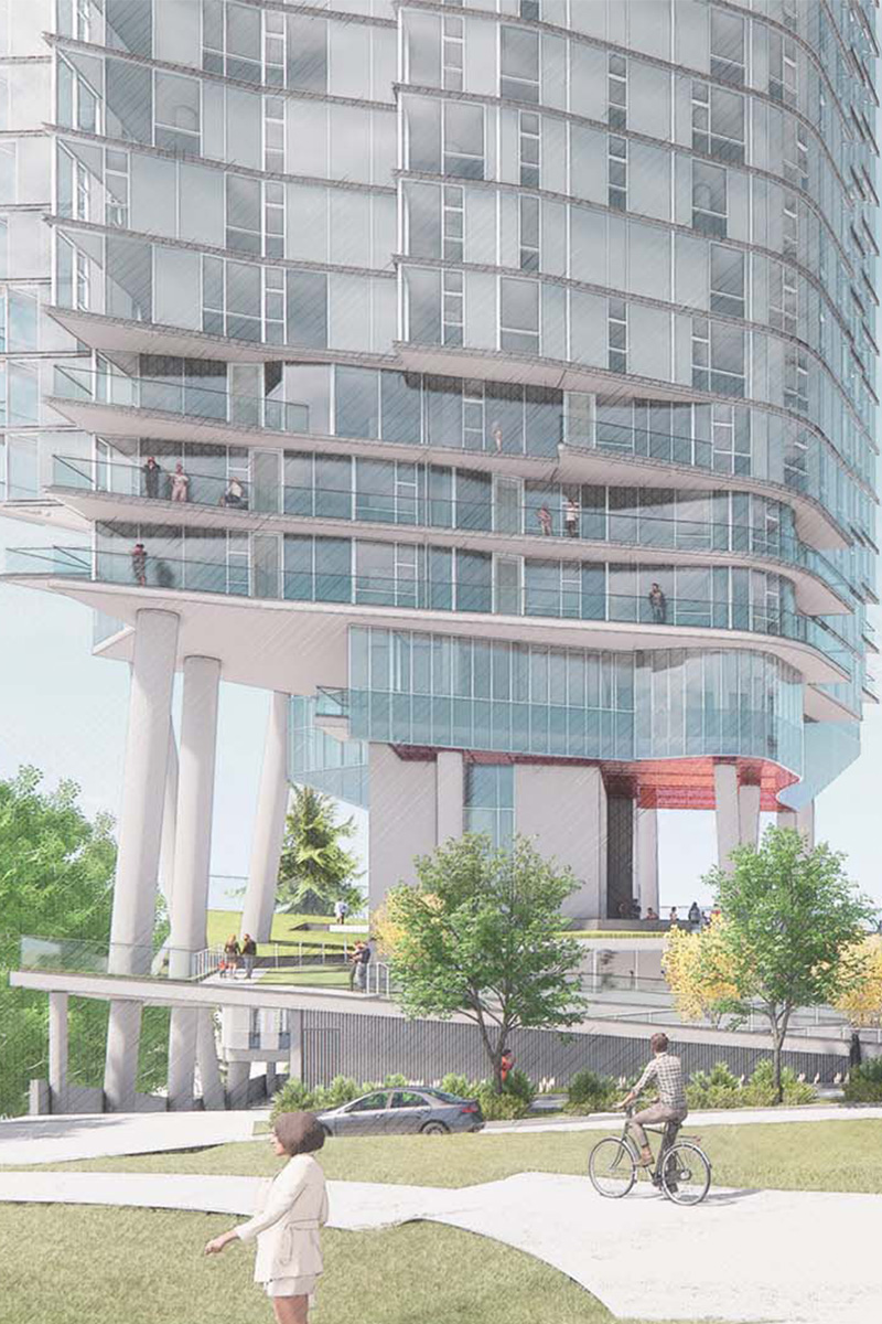Artists rendering of Yesler Towers with modern glass buildings and bustling common areas.